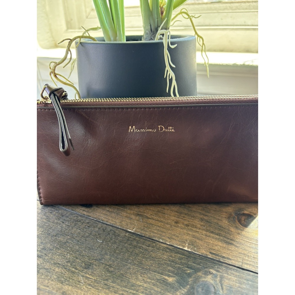 Massimo Dutti Chocolate Brown Leather Double Zip Wallet Large
